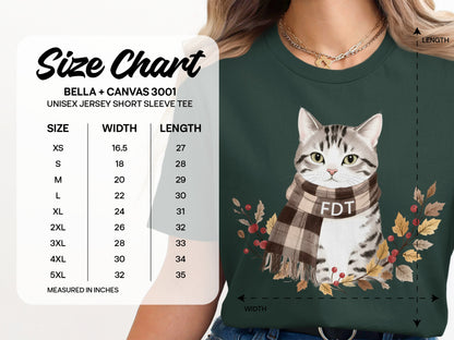 Cute Cat with Scarf Unisex Shirt Size Chart
