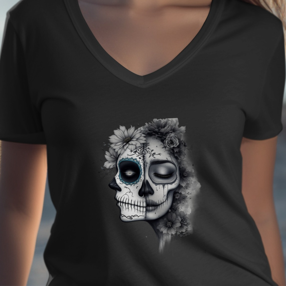 V-Neck T-Shirt with Artistic Skull Design product type
