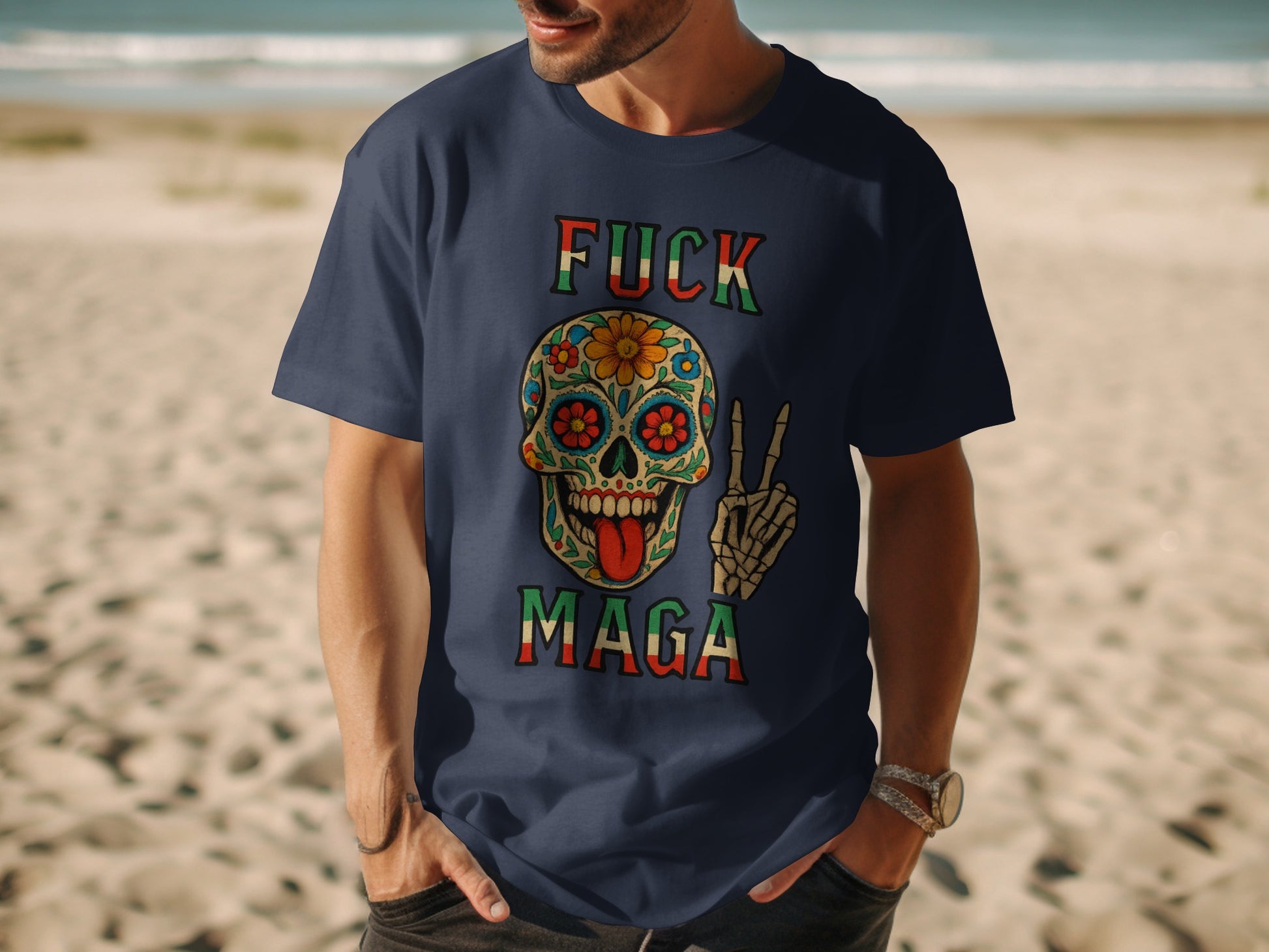 Colorful Skull Design Fuck Maga Graphic T shirt product