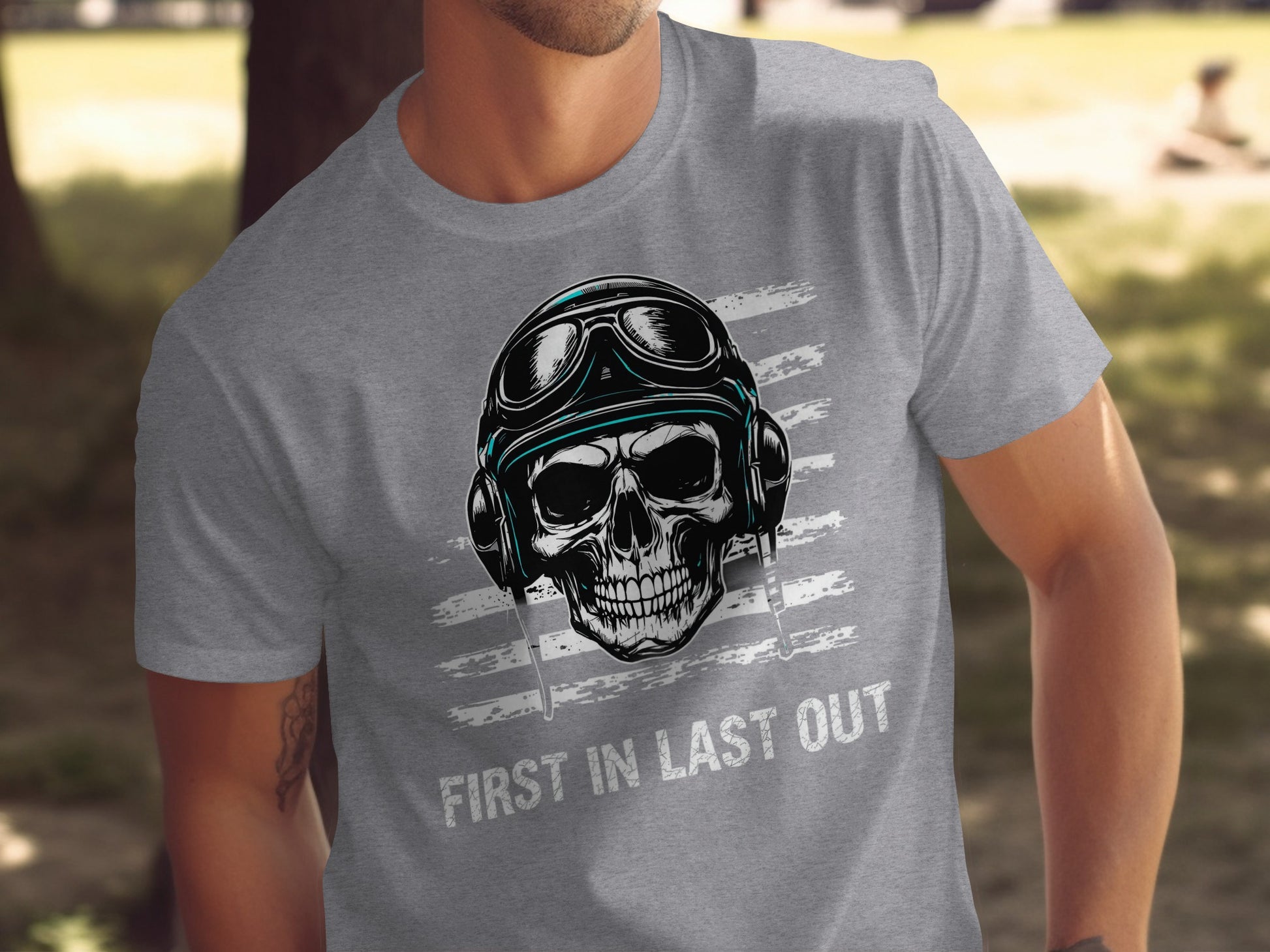 First In Last Out Skull Aviator Helmet Headphones Shirt