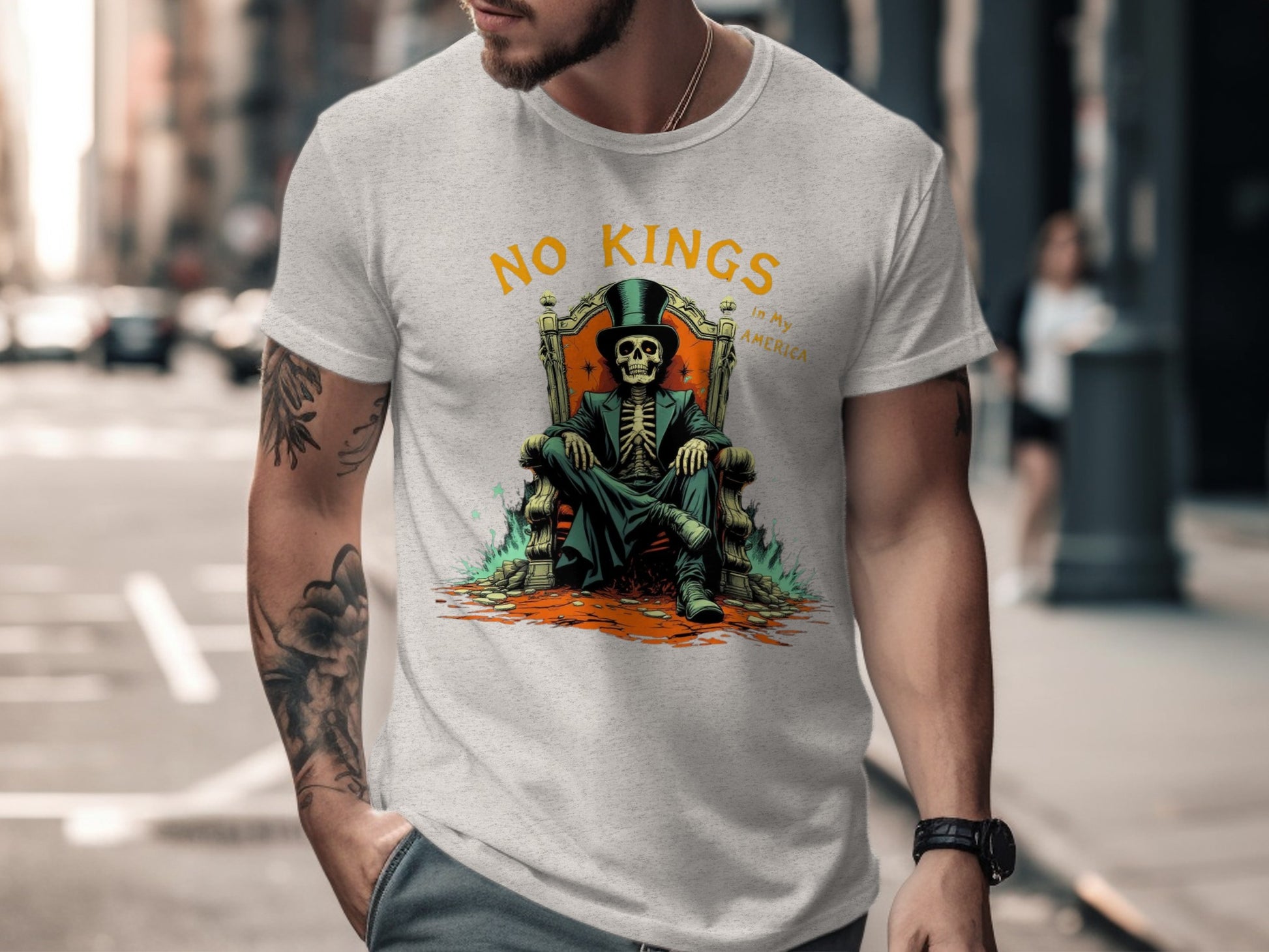 No Kings Skeleton Throne Graphic Print T-shirt product