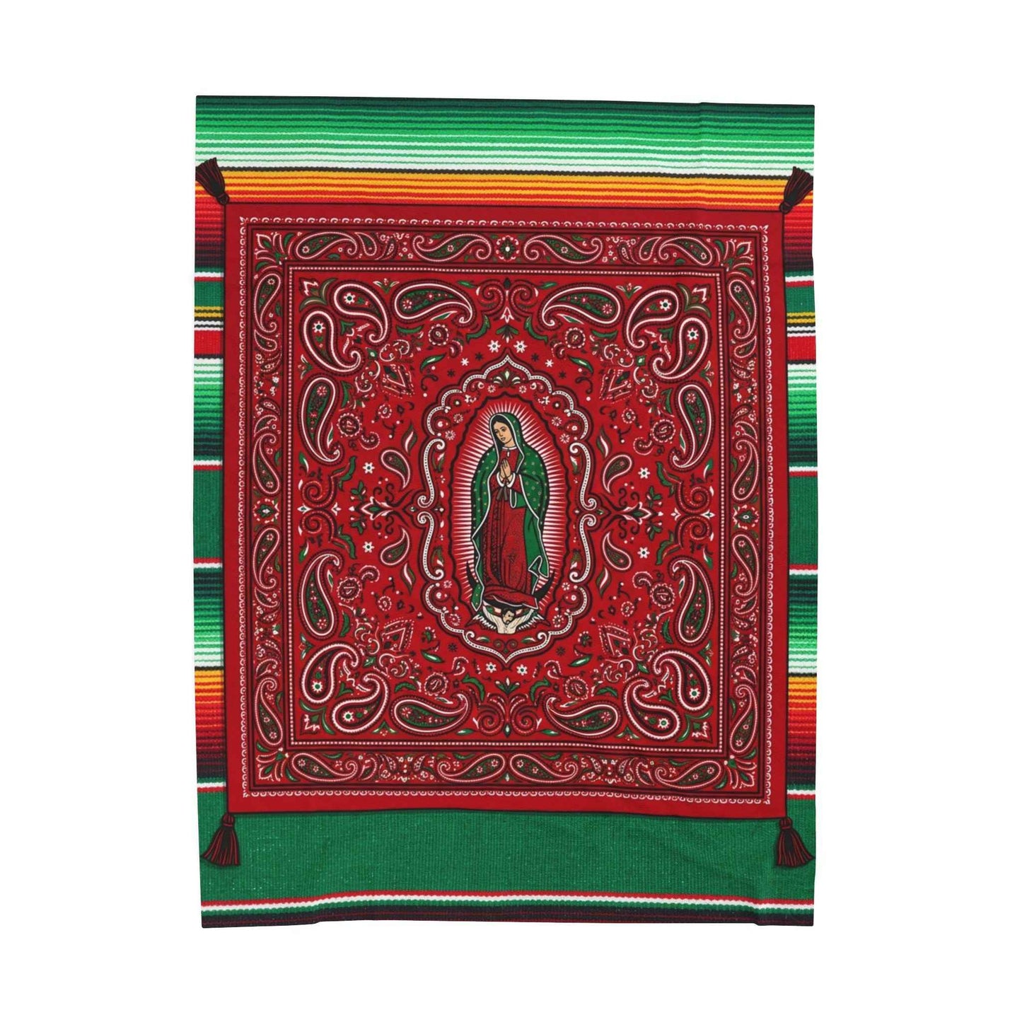 Our Lady of Guadalupe Bandana Paisley Serape Blankets, Mexican Virgin Mary Spiritual Art, Red Green Cultural Decor Throw Blankets