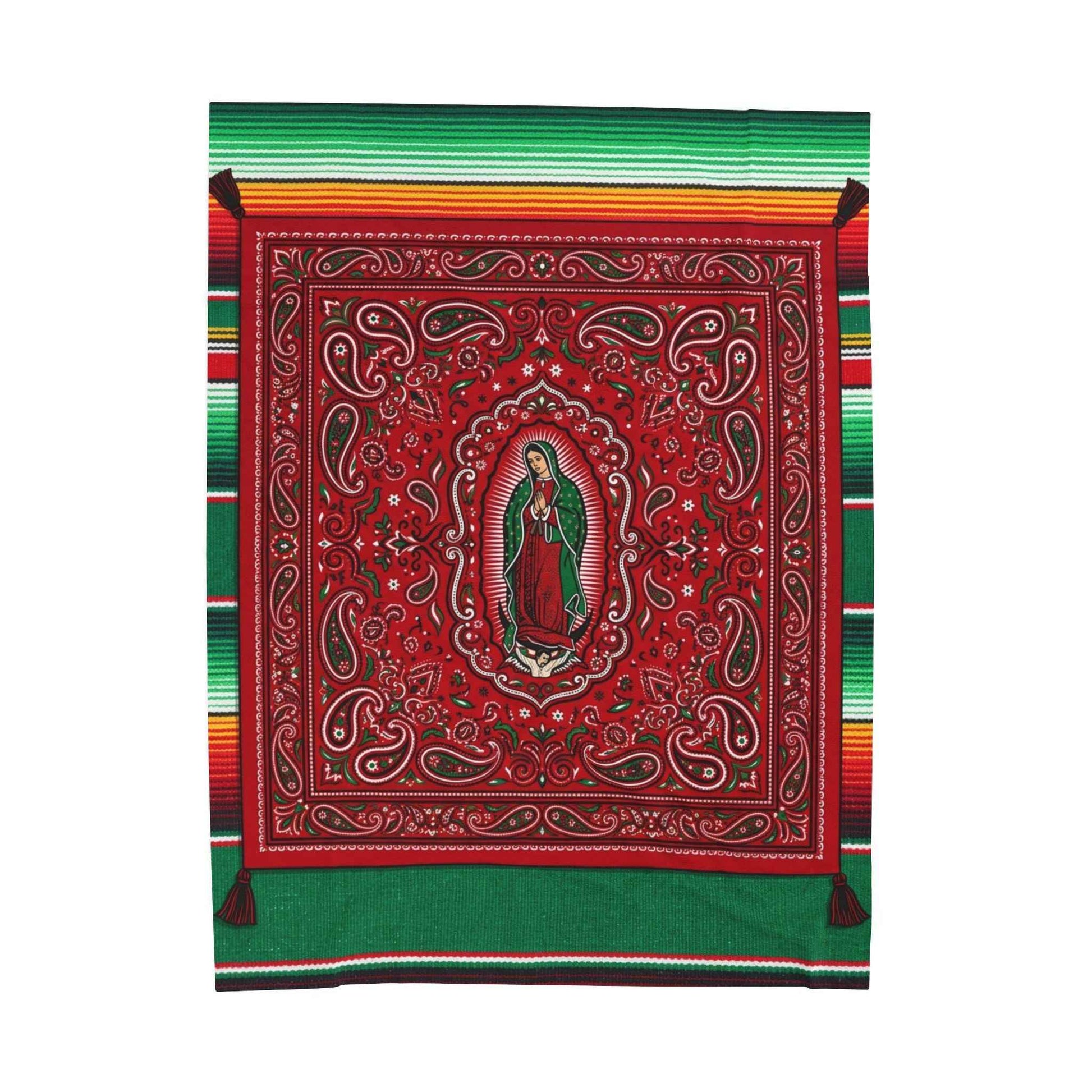 Our Lady of Guadalupe Bandana Paisley Serape Blankets, Mexican Virgin Mary Spiritual Art, Red Green Cultural Decor Throw Blankets