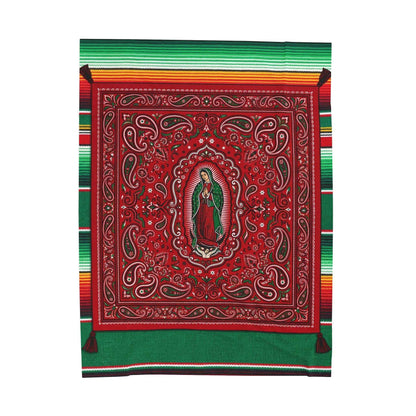 Our Lady of Guadalupe Bandana Paisley Serape Blankets, Mexican Virgin Mary Spiritual Art, Red Green Cultural Decor Throw Blankets