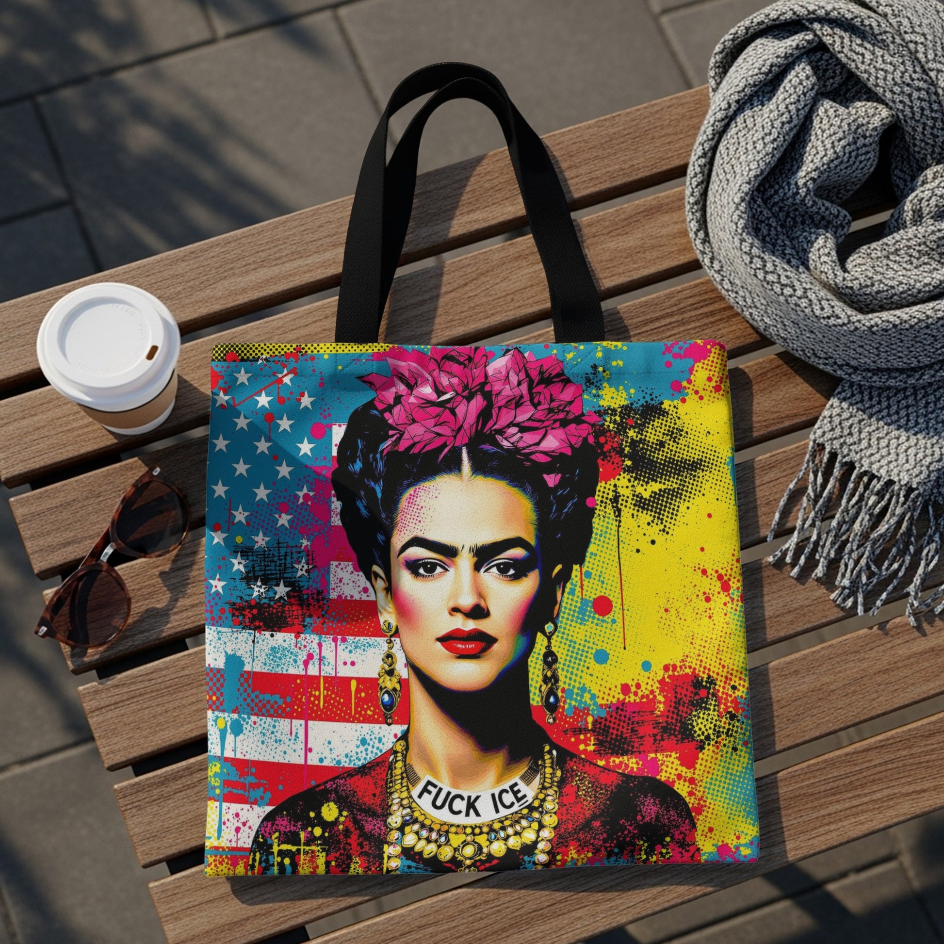 Tote bag featuring Frida Kahlo artwork with "FUCK ICE" necklace and American flag background.