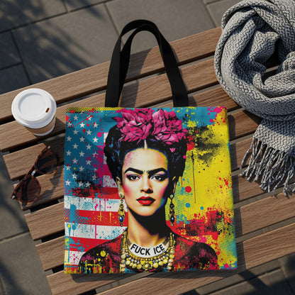Tote bag featuring Frida Kahlo artwork with "FUCK ICE" necklace and American flag background.