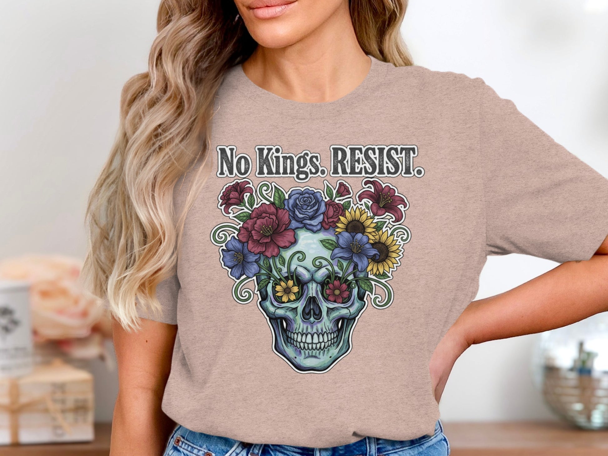 No Kings RESIST Skull with Flowers Graphic T-Shirt Product