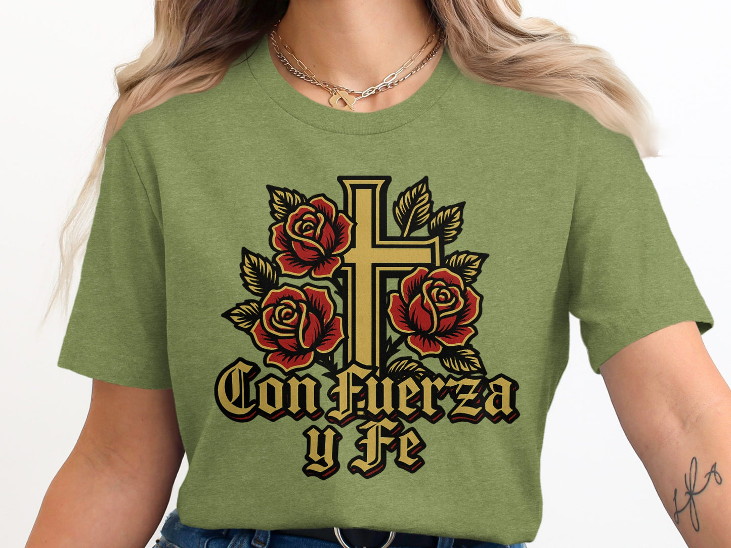 Con Fuerza y Fe Cross and Roses Green T-Shirt product