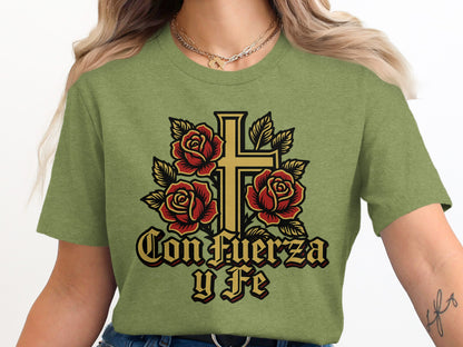 Con Fuerza y Fe Cross and Roses Green T-Shirt product