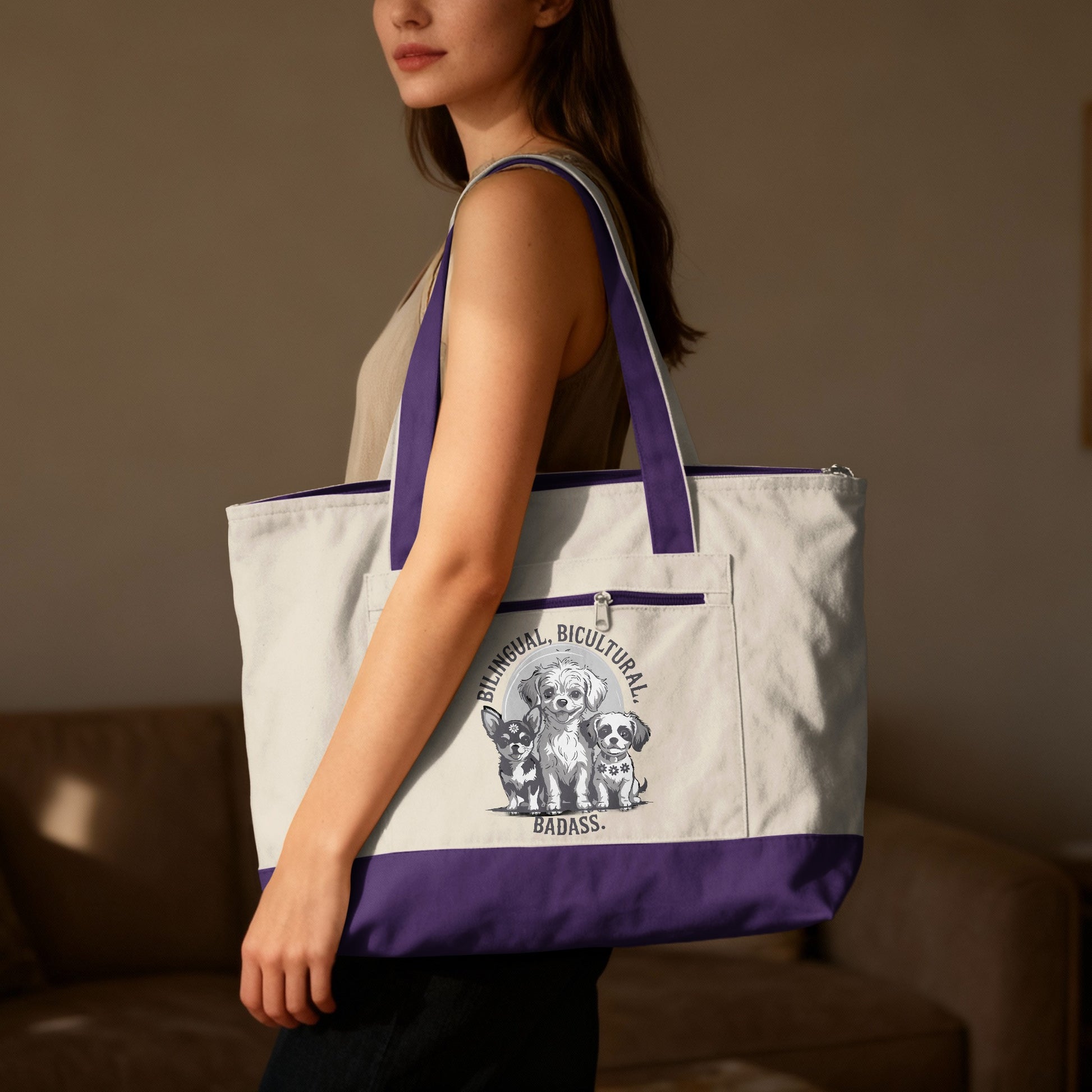Tote bag with three dogs and "Bilingual Bicultural Badass" text.