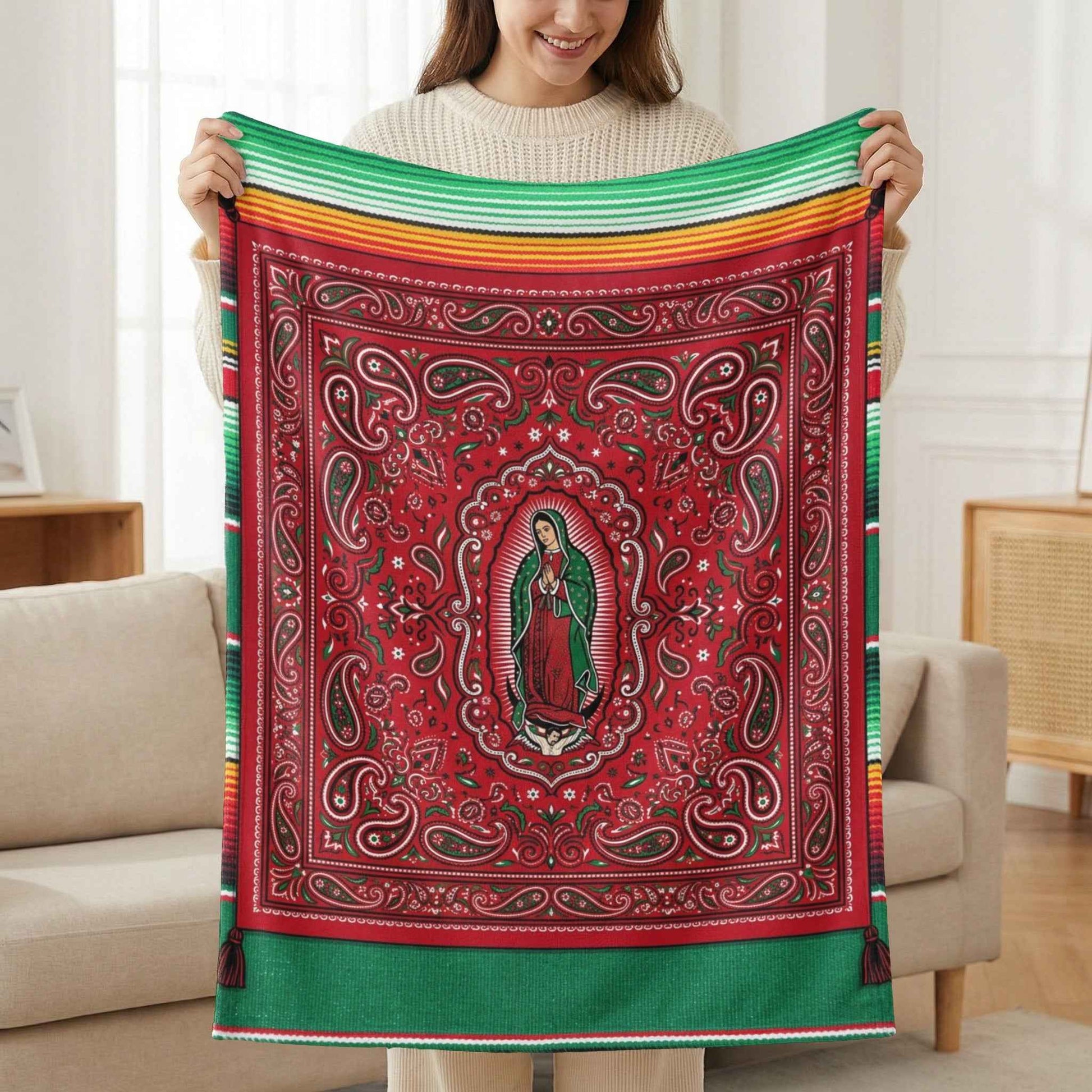 Our Lady of Guadalupe Bandana Paisley Serape Blankets, Mexican Virgin Mary Spiritual Art, Red Green Cultural Decor Throw Blankets