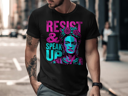 Black t-shirt with Frida Kahlo portrait and "RESIST & SPEAK UP" text.