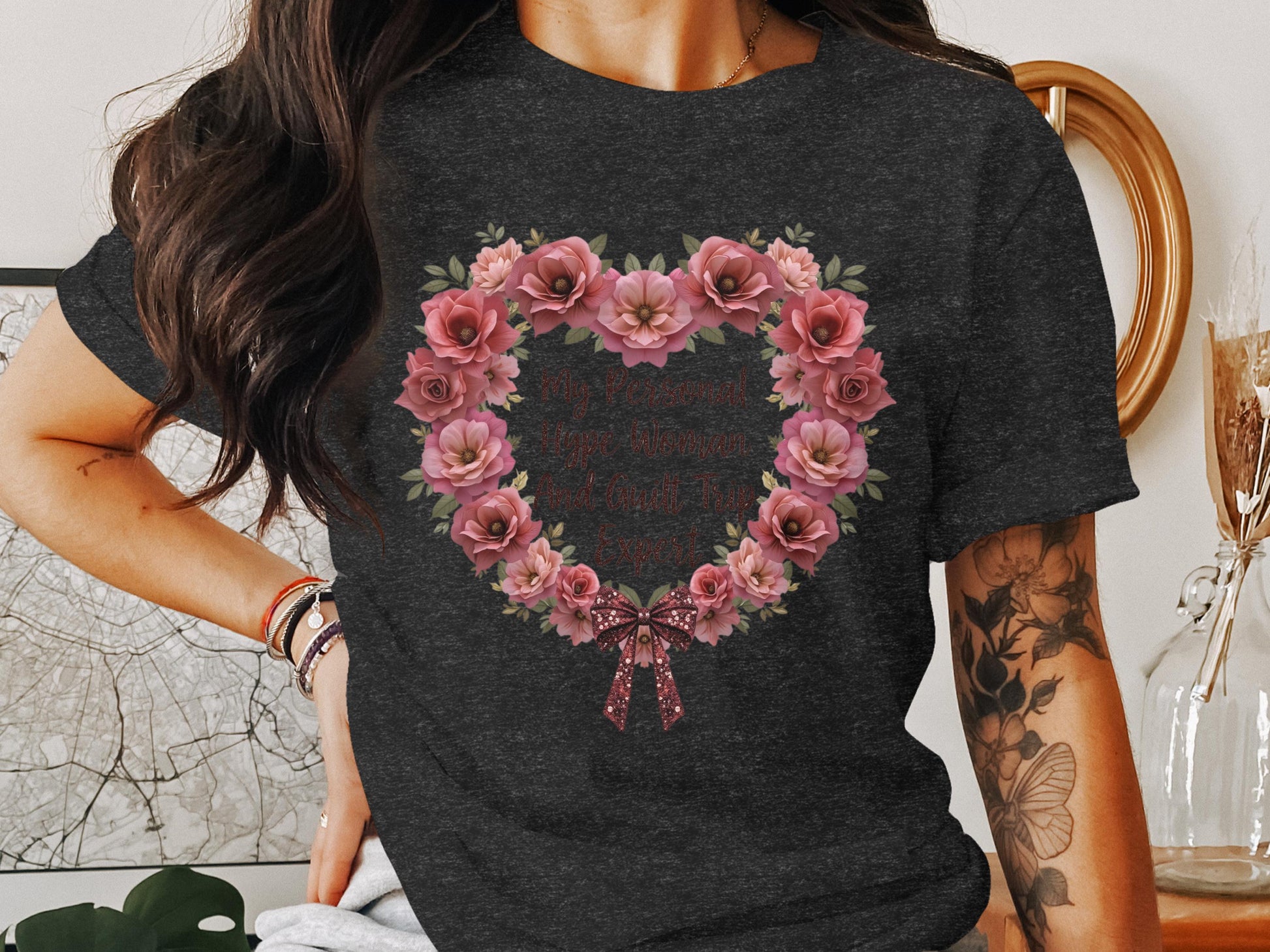 Heart Shaped Floral Design Print Black T-Shirt product