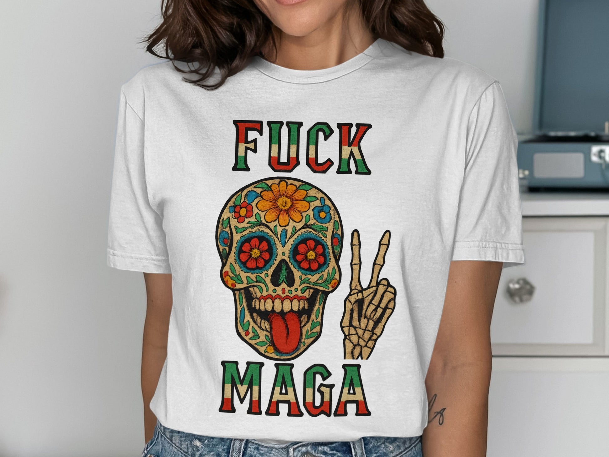 Colorful Skull Peace Sign Graphic Tee product