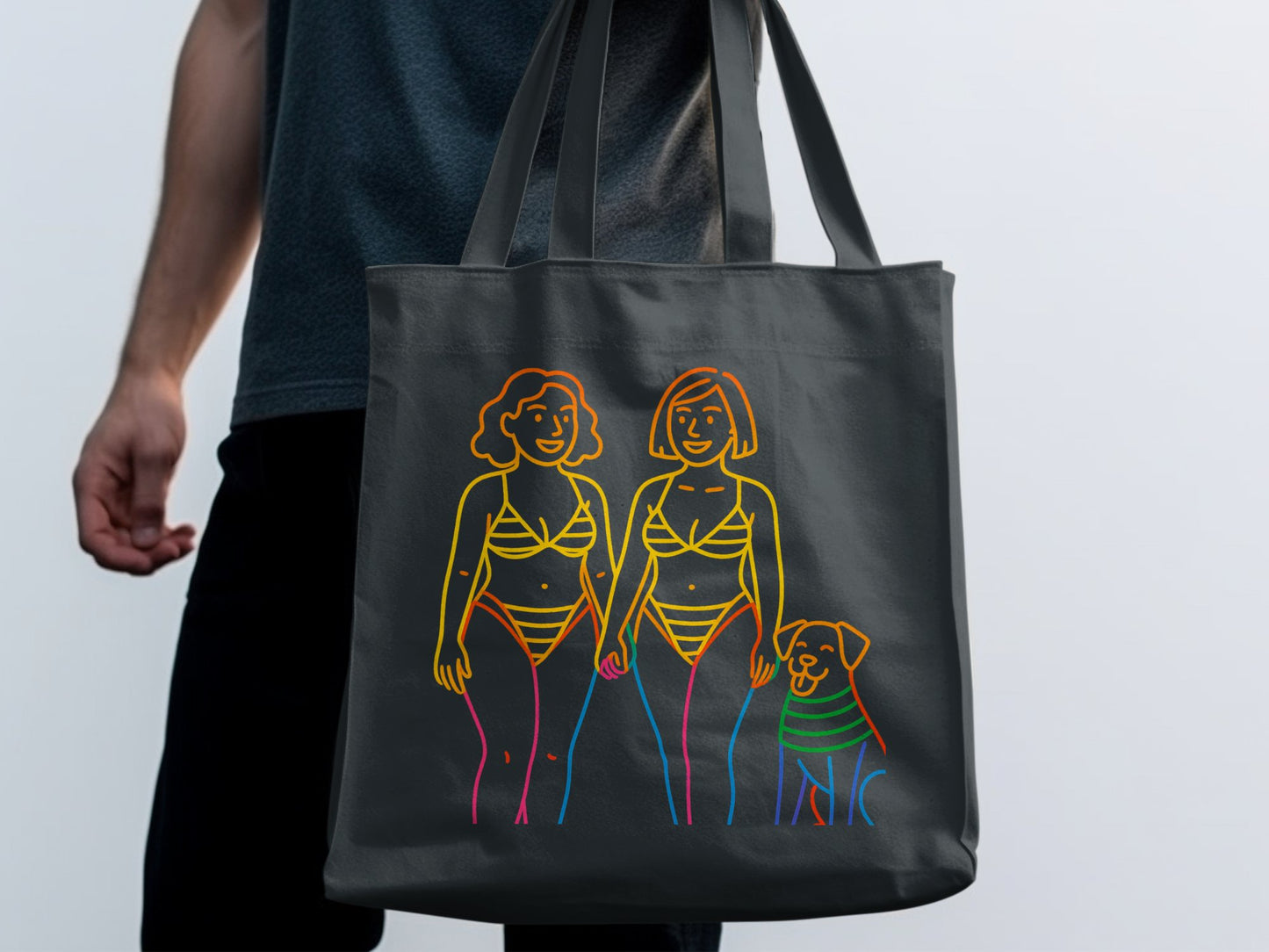 Colorful Illustrative Tote Bag with Two Women and Dog product type