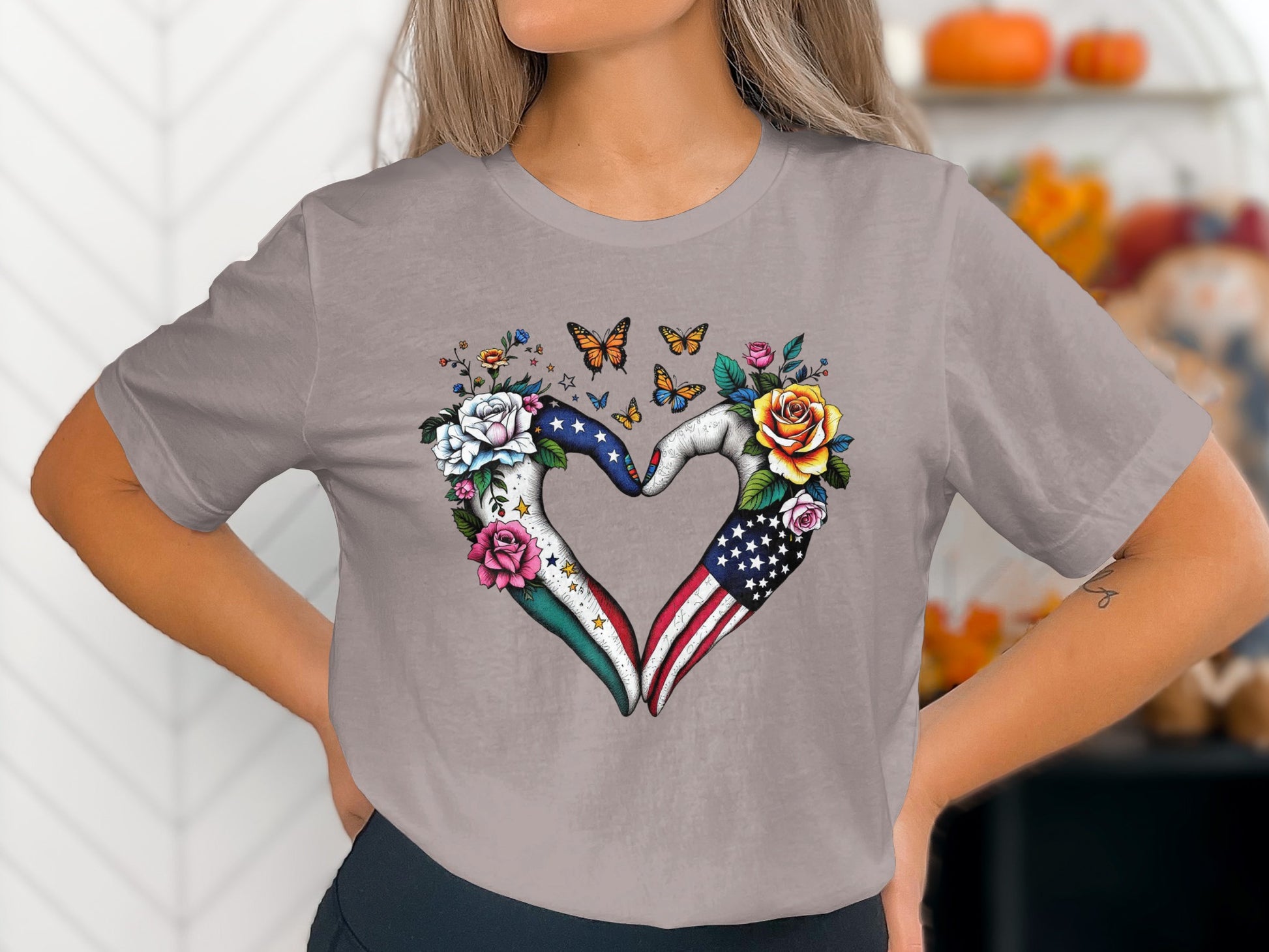 American Flag Heart Hand With Flowers T-shirt