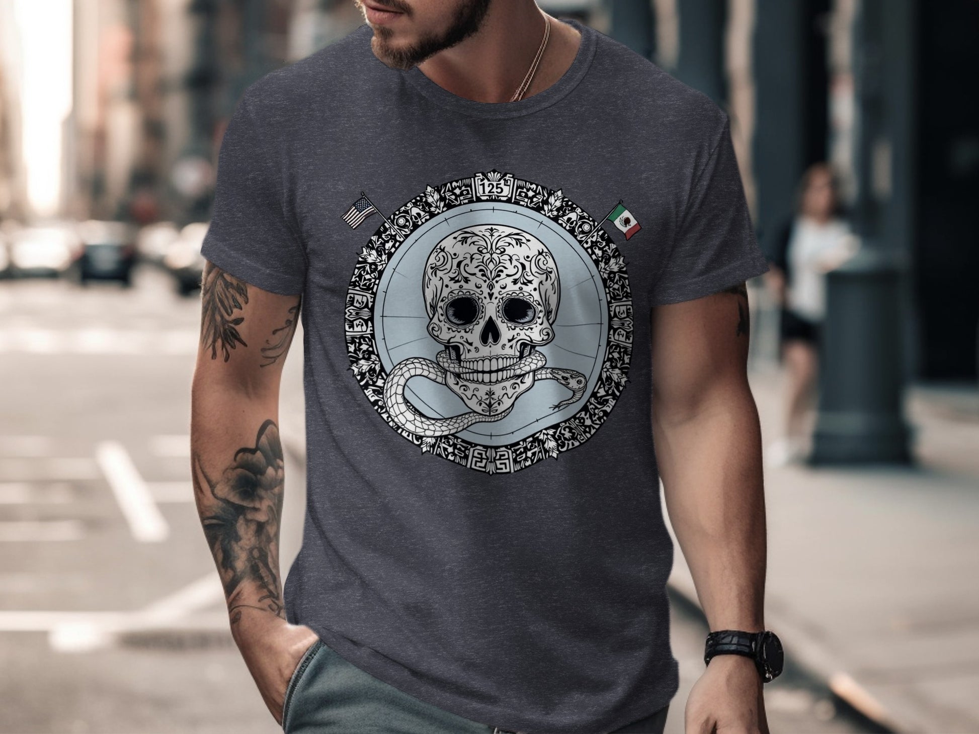 Intricate Skull Design on Dark Grey T-shirt product