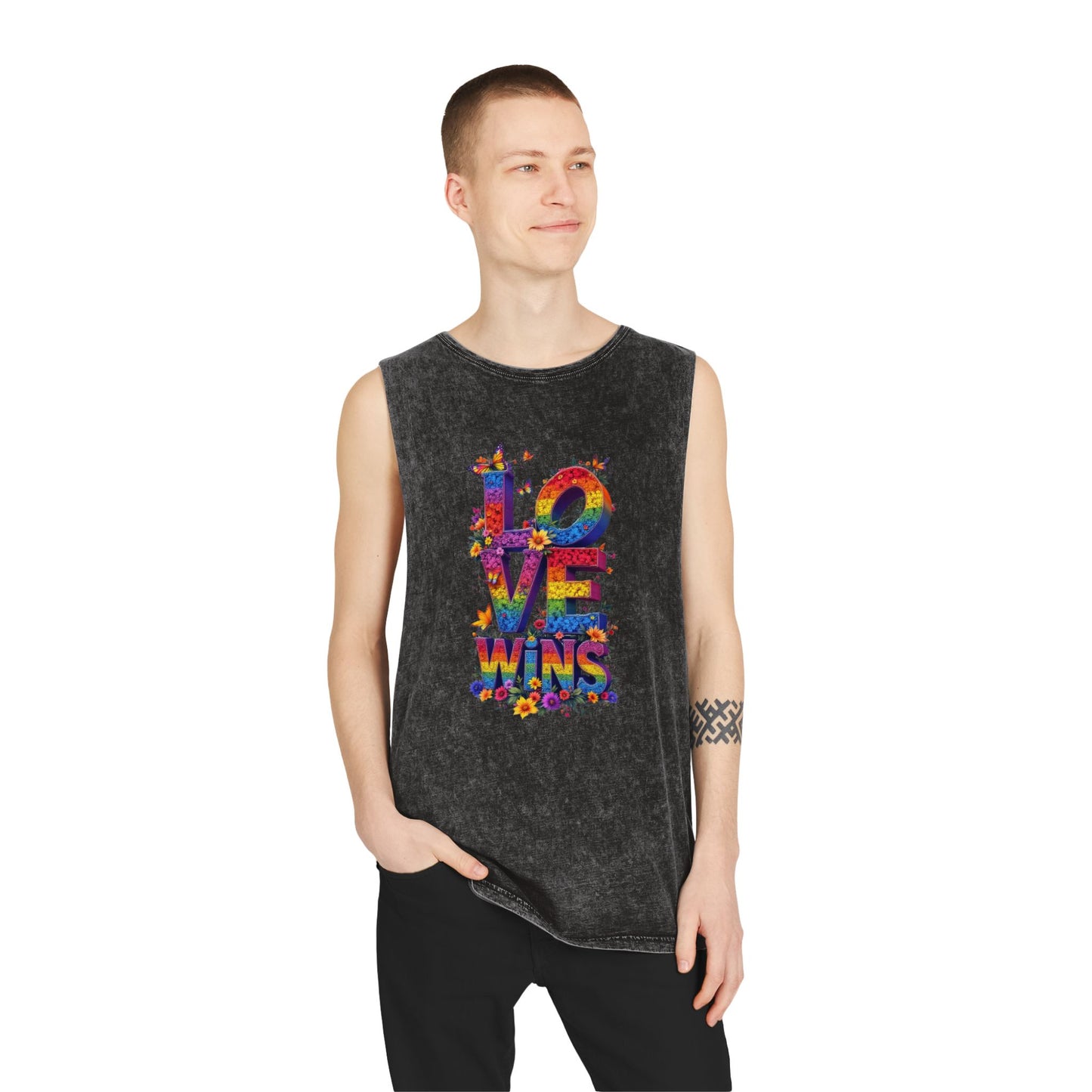 Unisex Stonewash Tank Top - 'Love Wins' Graphic Tee for LGBTQ+ Pride & Everyday Wear