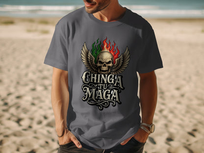Skull with Wings Chinga tu Maga Design TShirt product type