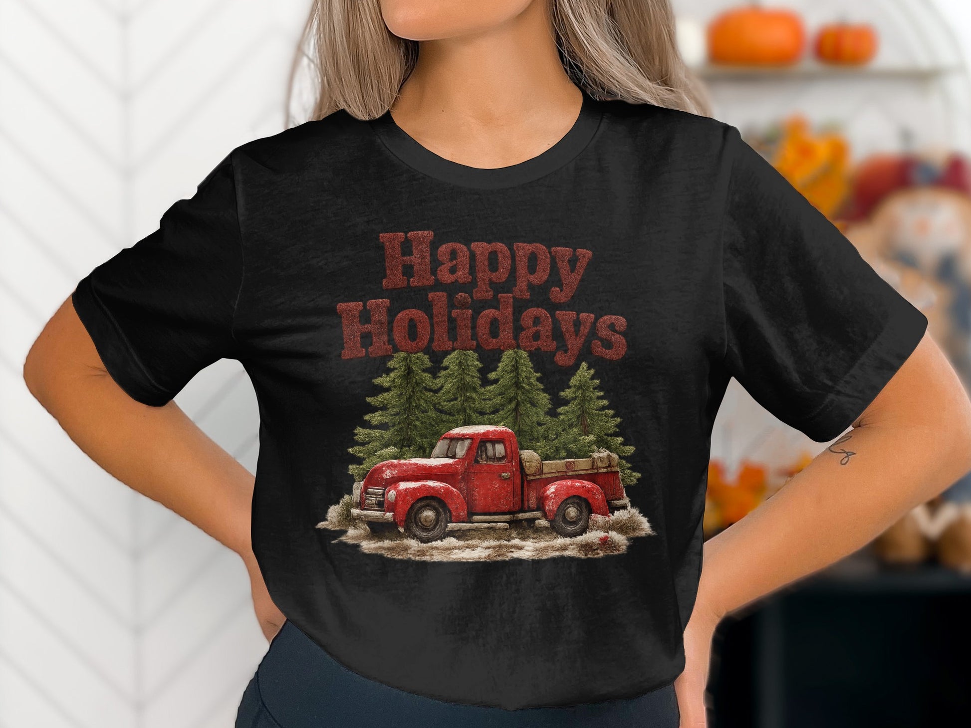 Happy Holidays Red Truck with Trees Tshirt