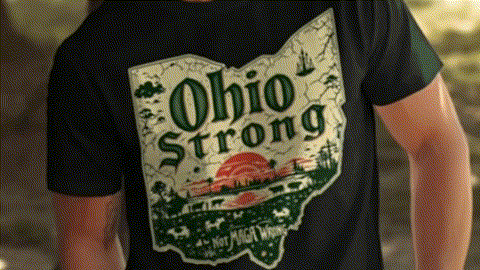 a person wearing a black t-shirt with a graphic design depicting the state of Ohio.
