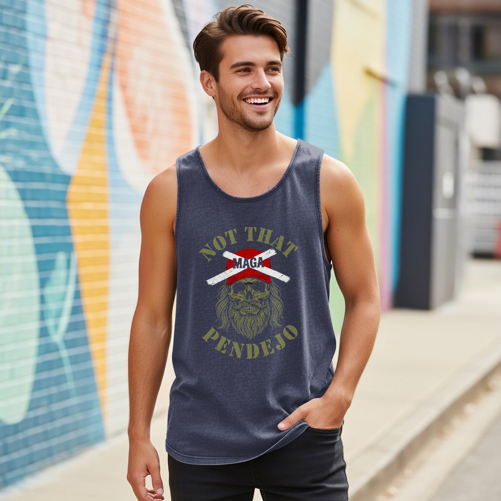 Man wearing a navy blue tank top with "NOT THAT MAGA PENDEJO" text and a crossed-out symbol.
