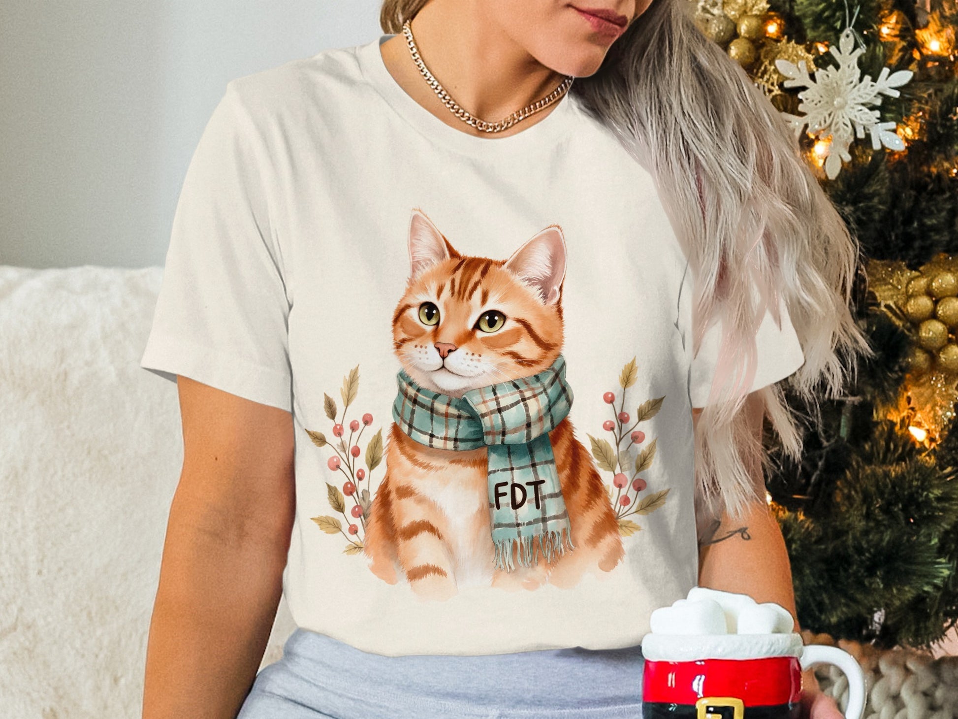 Cute Cat with Scarf Printed Design T-Shirt