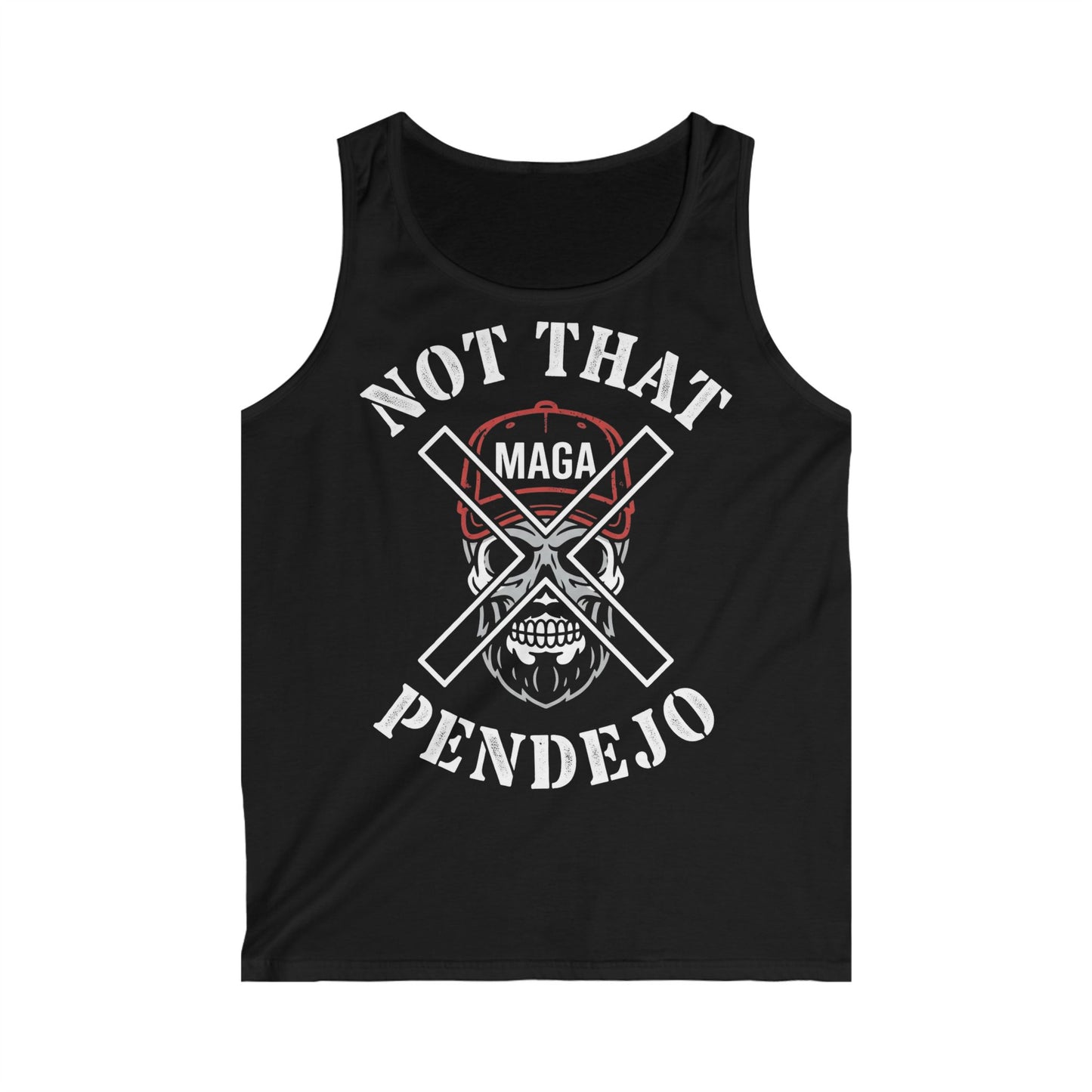 Black tank top with white text and a skull wearing a MAGA hat.