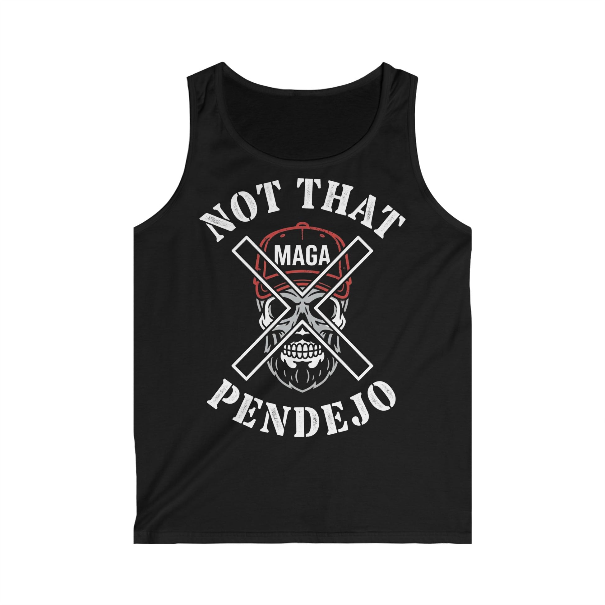Black tank top with white text and a skull wearing a MAGA hat.