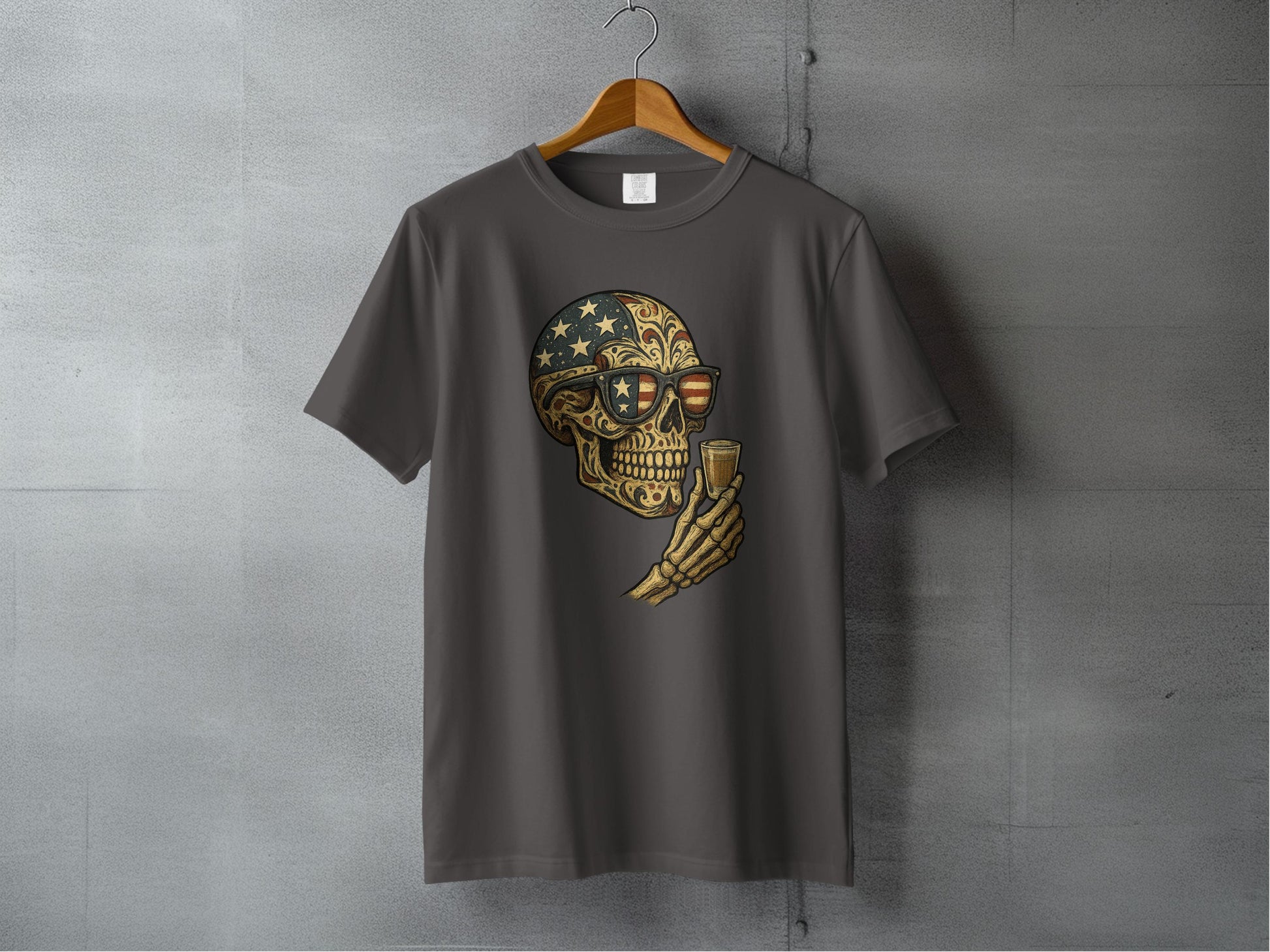 Skull Holding Glass American Flag Sunglasses T-Shirt product type