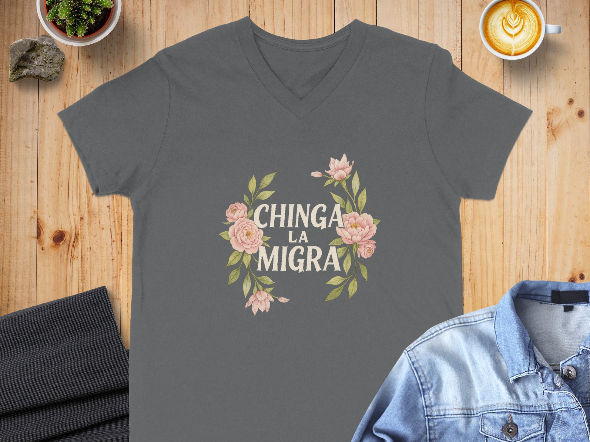 Chinga La Migra Floral Design V Neck T Shirt product type