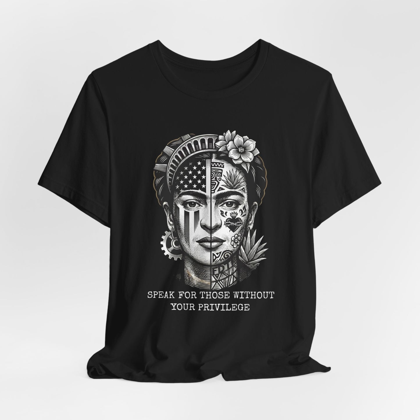 Black t-shirt featuring Frida Kahlo's face split with US flag and floral designs.