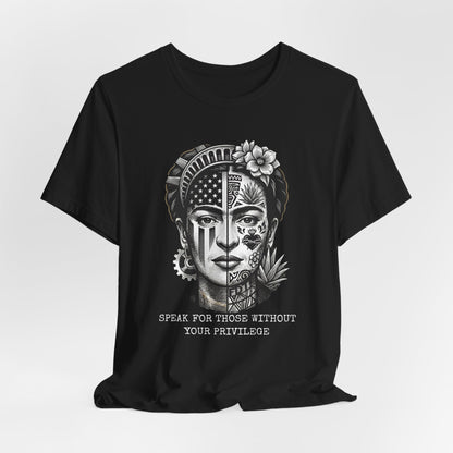 Black t-shirt featuring Frida Kahlo's face split with US flag and floral designs.
