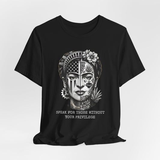 Black t-shirt featuring Frida Kahlo's face split with US flag and floral designs.