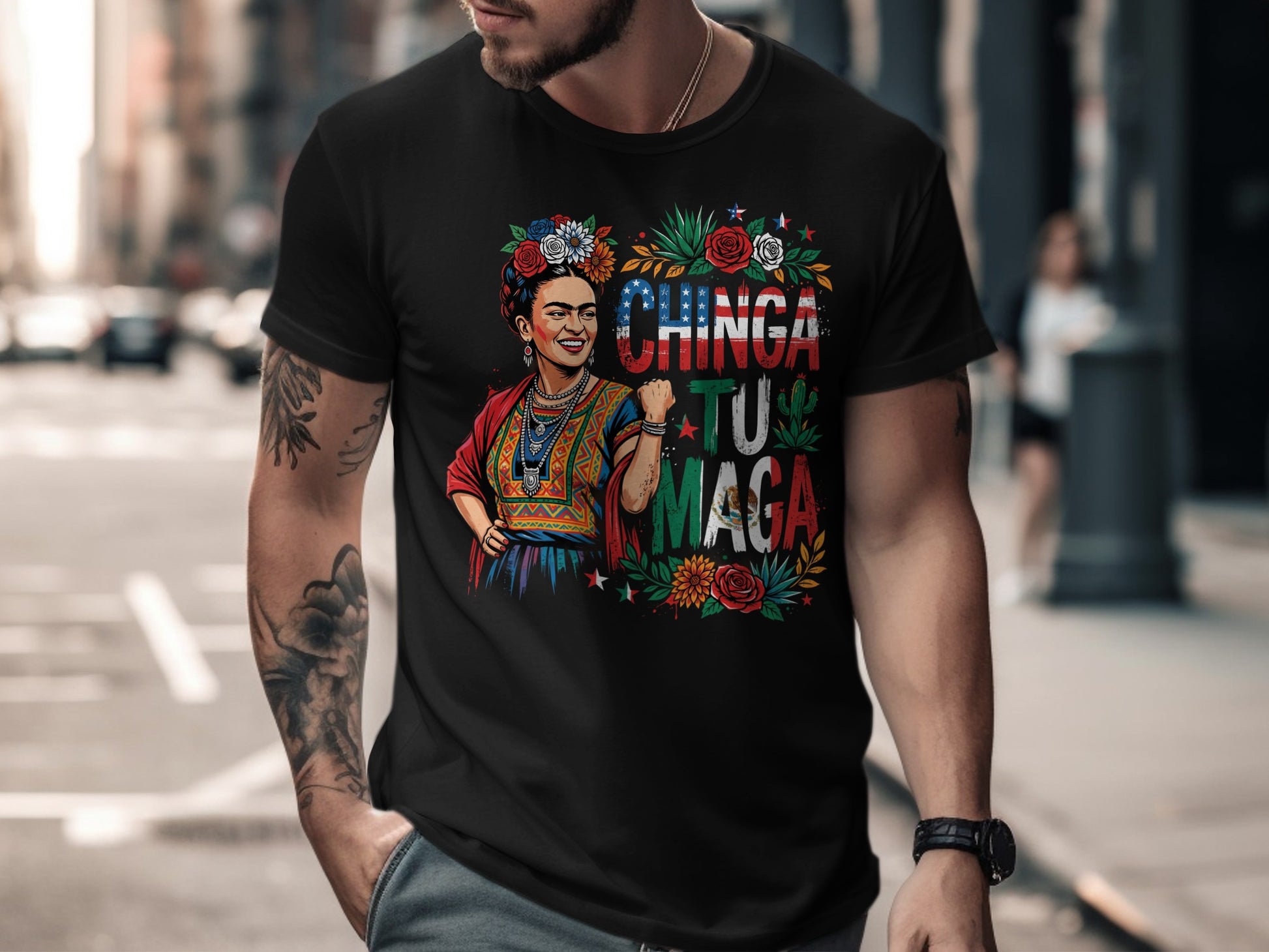 Black t-shirt with Frida Kahlo graphic and the text "Chinga tu Maga".
