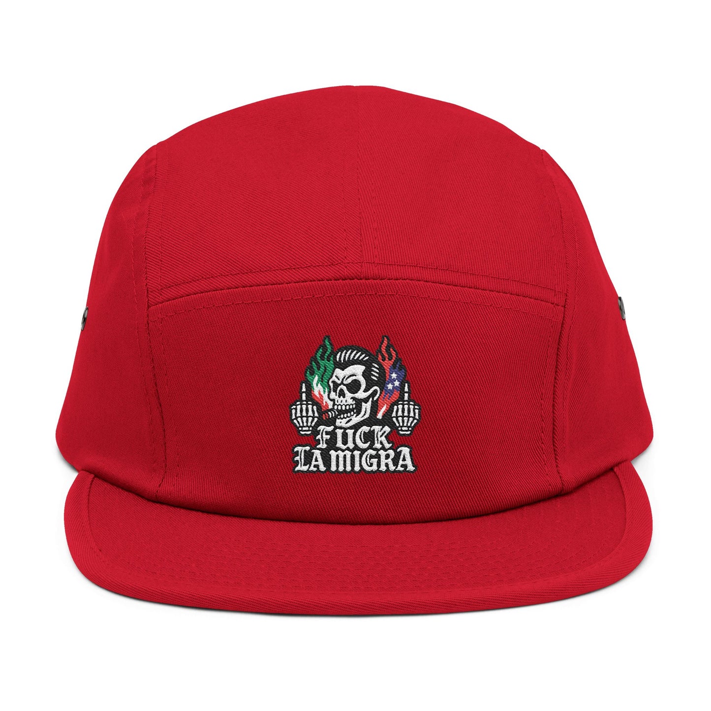 Fuck La Migra Hat Embroidered 5-Panel Cap — Skull with Mexican Flag Accent (Explicit Text)