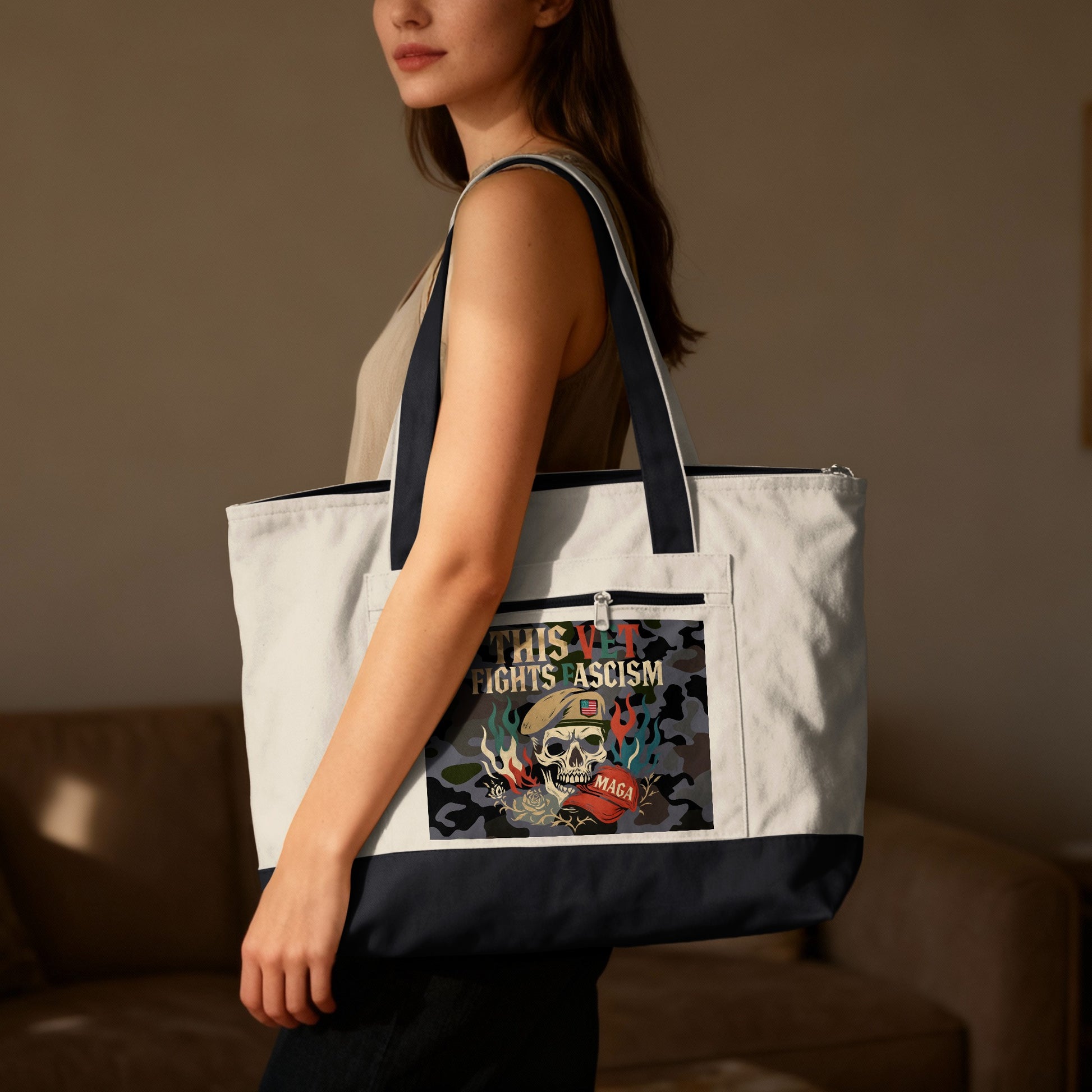 Canvas tote bag with "THIS FIGHT IS FASCISM" text and skull graphic.