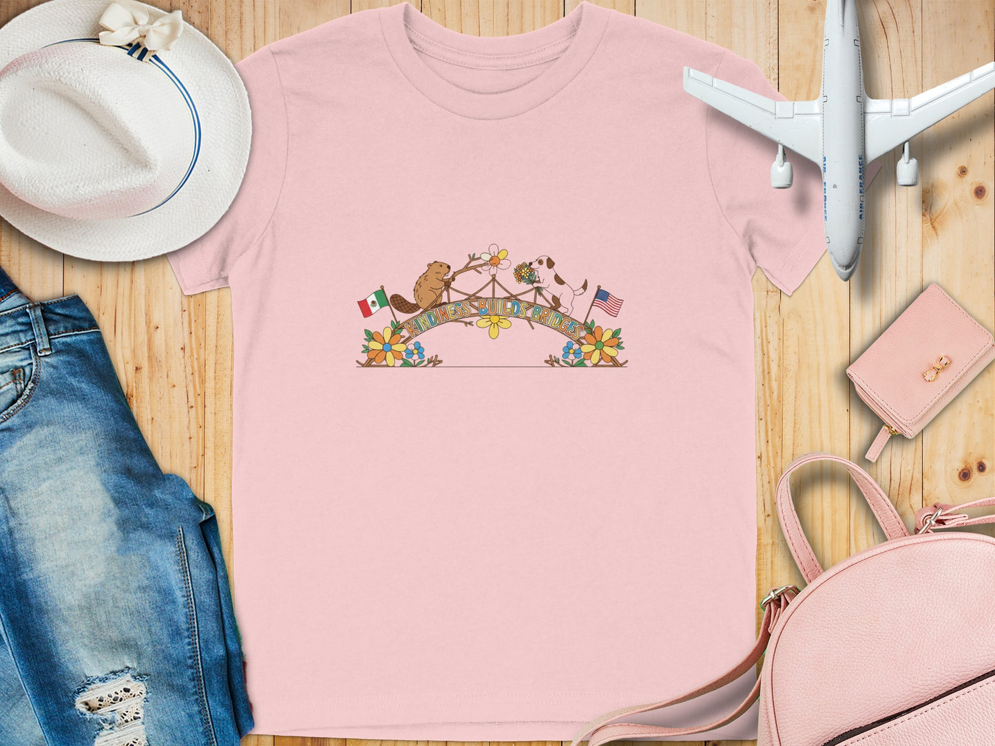 Cute Bear and Pig on Bridge with Flags T-Shirt