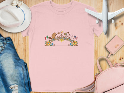 Cute Bear and Pig on Bridge with Flags T-Shirt