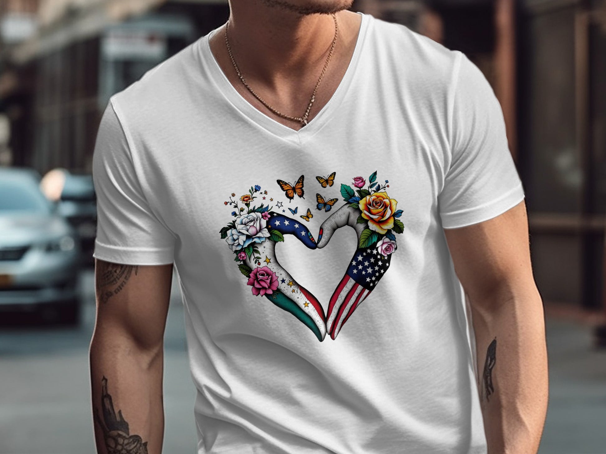 Heart Shaped Butterfly Floral American Flag T-Shirt product