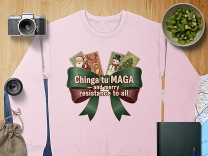 Chinga tu MAGA holiday sweater with festive bow design