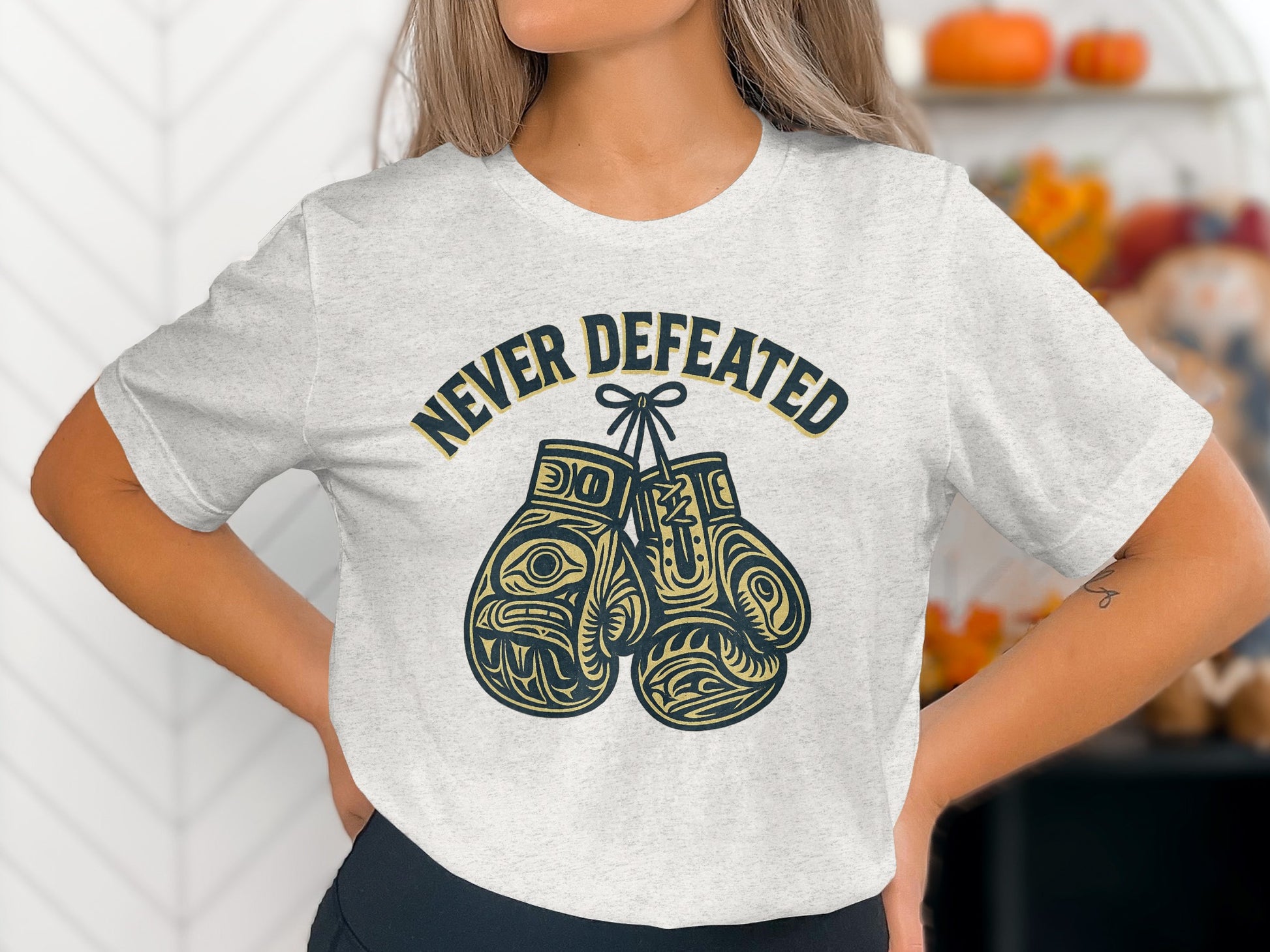 Never Defeated Boxing Gloves Inspirational Shirt product
