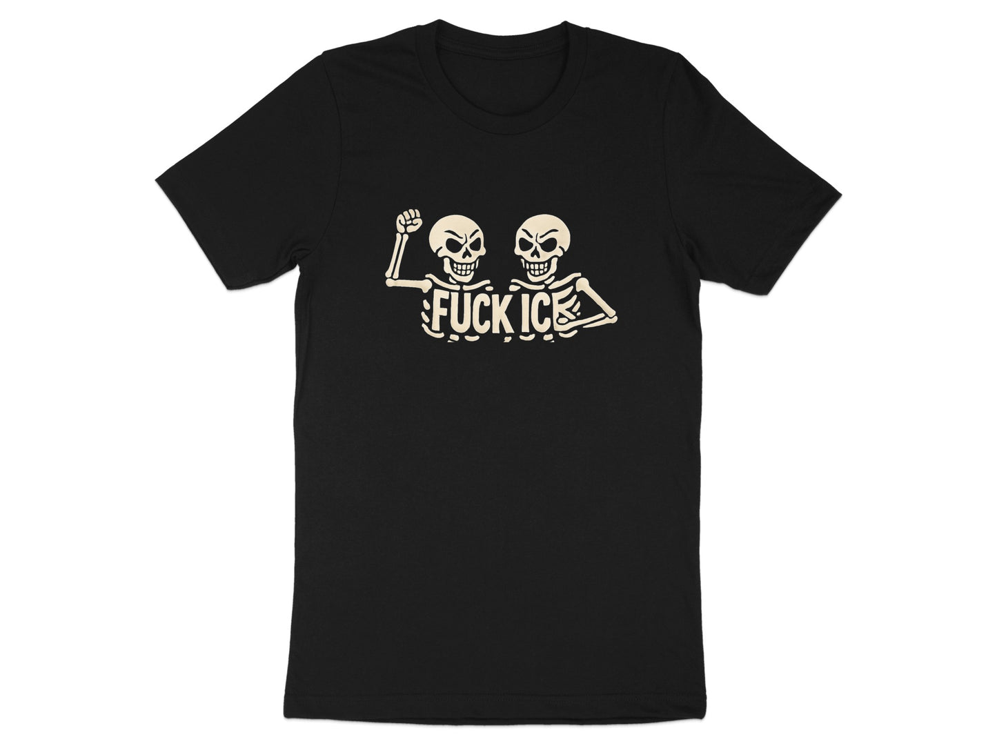 Black t-shirt with two skeleton figures and "FUCK ICE" text.