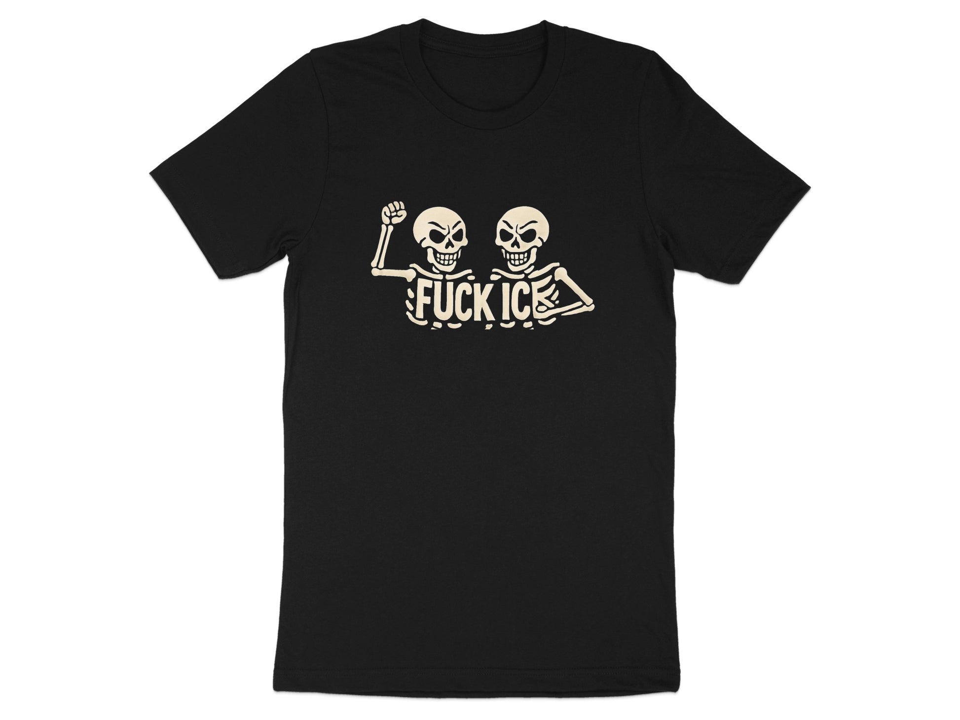 Black t-shirt with two skeleton figures and "FUCK ICE" text.