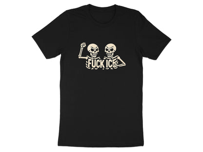 Black t-shirt with two skeleton figures and "FUCK ICE" text.
