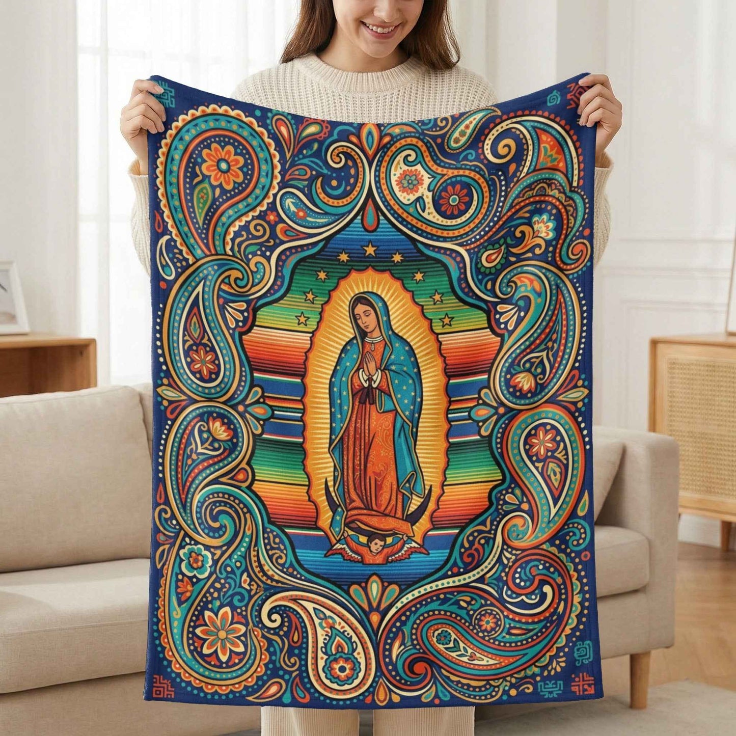 Our Lady of Guadalupe Blanket, Virgen de Guadalupe Throw, Mexican Folk Art Serape Design, Colorful Religious Blankets, Spiritual Home Decor