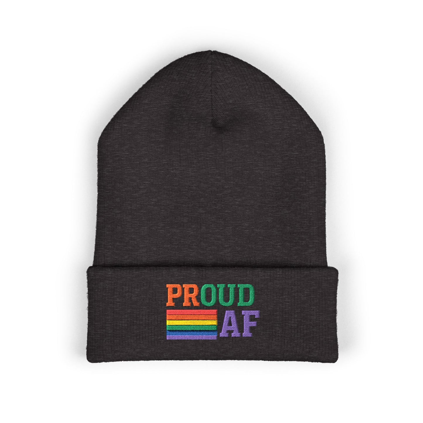 Proud AF Embroidered Beanie — Rainbow Pride Cuffed Hat