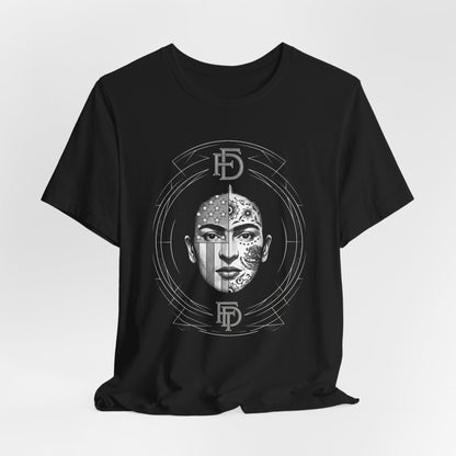 Black t-shirt with a graphic of a face split in half, one side with US flag, the other with tribal design.