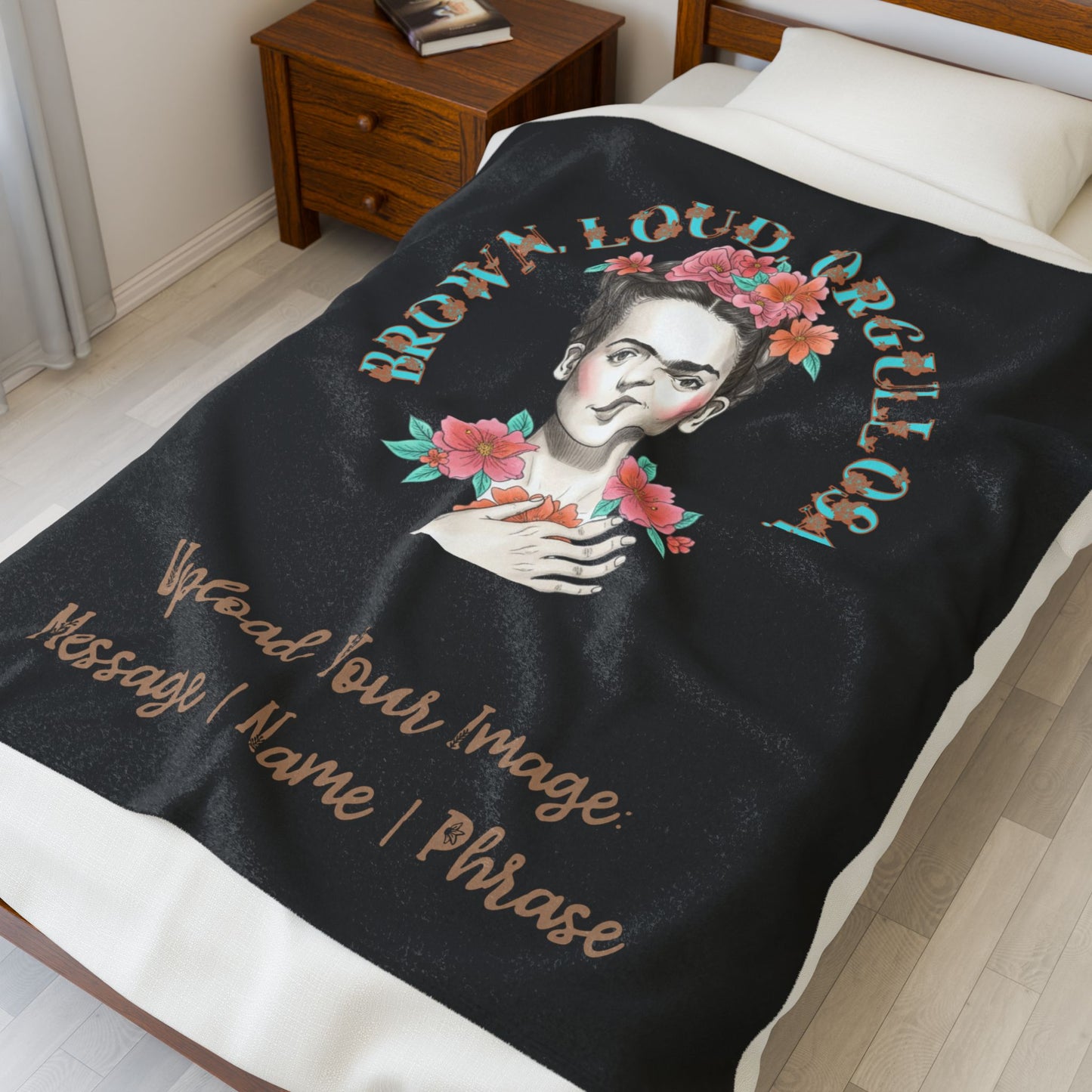 Frida Kahlo Floral "Brown y Loud Orgullo" Velveteen Plush Blanket - Customizable Name & Message