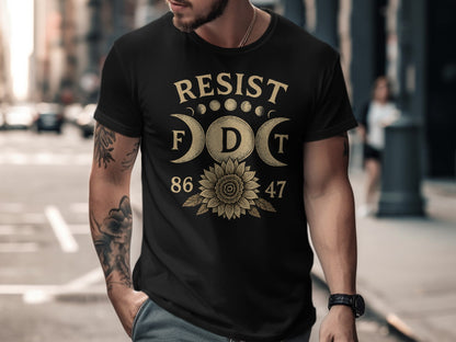 Black t-shirt with "RESIST" and a sunflower design.